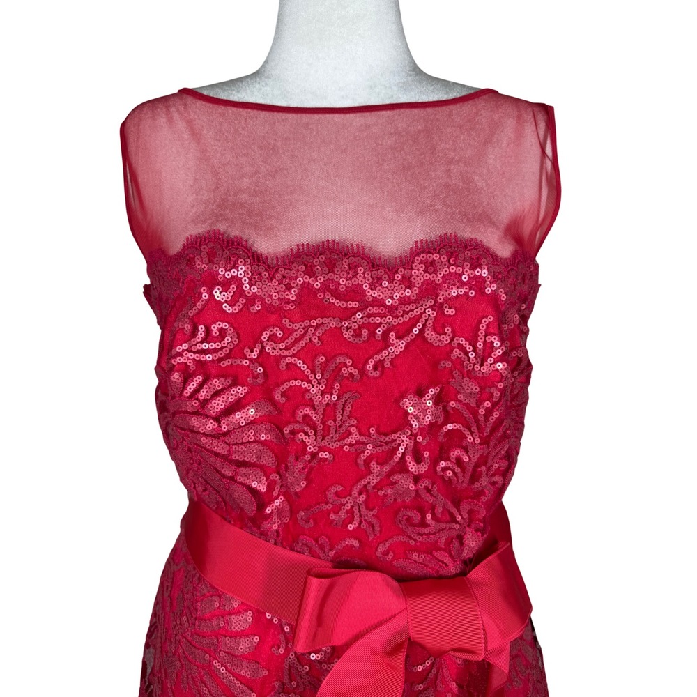 Tadashi Shoji Dress Womens 16 Red Sequin Lace Illusion Ribbon Belt Cocktail New - Picture 2 of 13